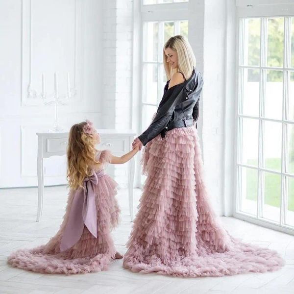 Abiti casual Sweet A-Line Letta pieghettata Ruffled Mommy Me Tulle Domande Domande per bambini ANTICIFICATI