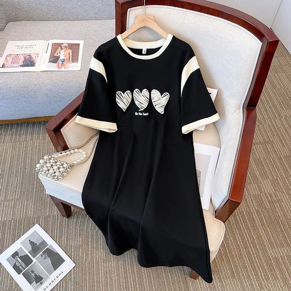 160 kg Plus Size Womens Bust 160 Sommer Loose Casual Love Printed Dress Schwarz 6xl 7xl 8xl 9xl 10xl 240417