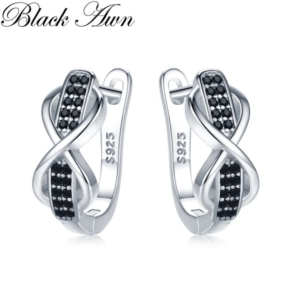 Orecchini neri AWN 2024 Nuovo colore argento rotondo rotondo Black Trendy Spinel Orecchini a cerchio di fiocco per donne Bijoux I157