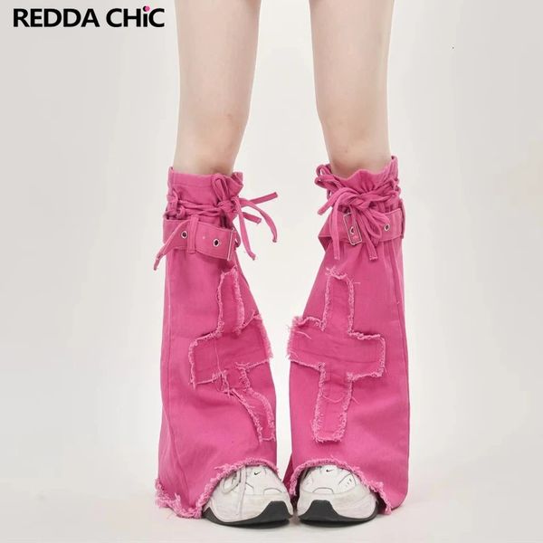 Reddachic Barbiecore Pink Denim Theplecers Women Women Women Frayed Boots Cover Cross Patched Bangage Docks y2k Dopamine Clothing 240422