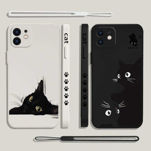 Bumpers de telefone celular Black Cat Cartoon Fashion Phone Case para OnePlus Nord 3 2 9r 9 8t 8 7 7t Pro 6 5g Tampa de silicone líquido com alça de mão Y240423