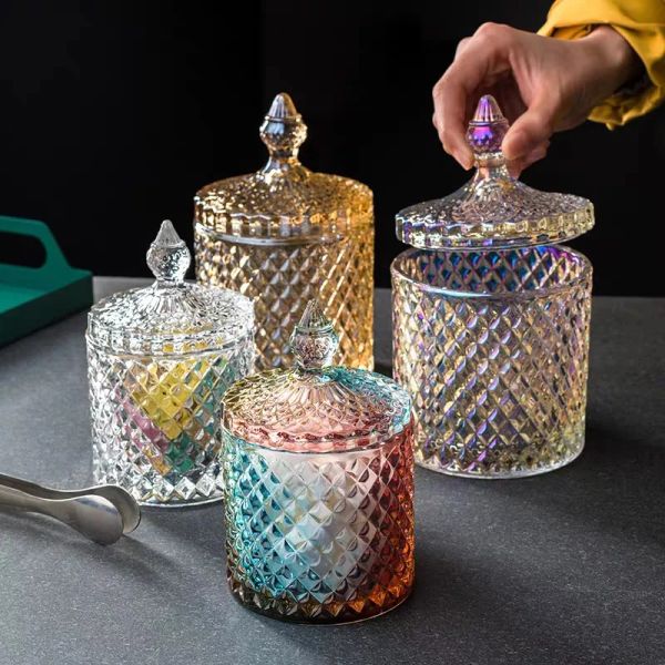 Frascos de 300/600 ml de colorido de cristal armazenamento de vidro enlatado latas de açúcar de diamante caixa de doces suger jar com tampa de armazenamento de alimentos recipientes de armazenamento