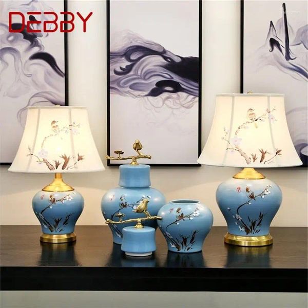 Lampade da tavolo Debby in ceramica blu lussuosa uccelli in ottone in ottone scrivania home decorativa per soggiorno camera da letto