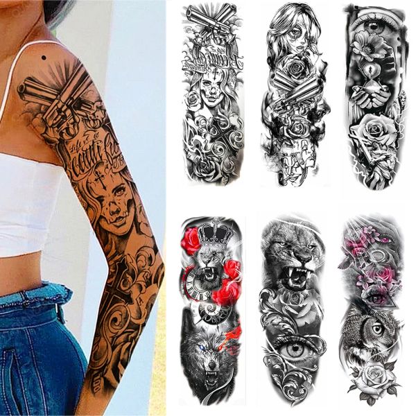 Máquina de braço completo tatuagem temporária lady pistol olho de olho tigre leão crânio águia mulher corporar perna adesiva impermeável, manga totem de homem legal