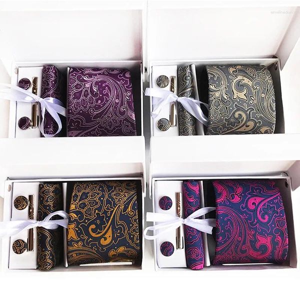 Fliegen 6 teile/satz Geschenkbox Für Männer Business 8 cm Paisley Floral Polyester Krawatte Einstecktuch Clip Manschettenknöpfe Taschentuch