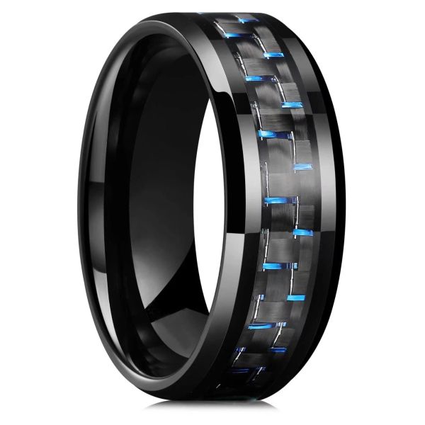 Ранки классический 8 -мм мужское кольцо кольцо титана из нержавеющей стали Инкрустация черно -голубое углеродное кольцо.