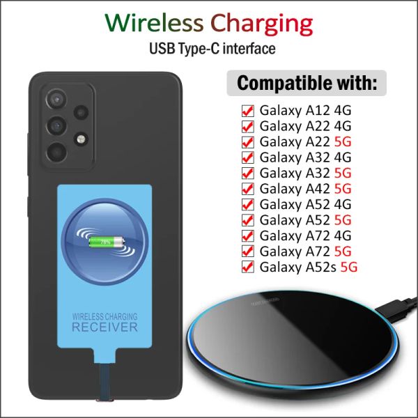 Receptor de carregamento sem fio da Chargers para o Samsung Galaxy A12 A22 A32 A42 A52S A52 A72 5G Carregador sem fio + Adaptador USB TypeC