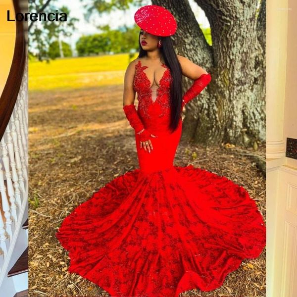 Abiti da festa Lorencia Abito da ballo sirena rossa sexy per ragazze nere africane v cristalli di collo in perline abiti formali vestidos de gala ypd97