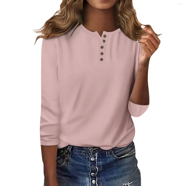 Magliette da donna Fashion Casual Round Neck Round Neck 3/4 Sleeve Sust Solid Color Bottle T-shirt Ladies Top Women Blouse 2024 Shirt