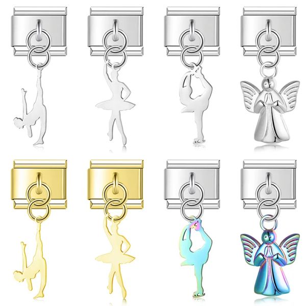 Strands Hapiship Nuovo Ballet angelo in acciaio inossidabile Gymnastics Flower Slip Charm Link italiani Fit Bracciale da 9 mm Bracciale fai da te produrre gioielli DJ712