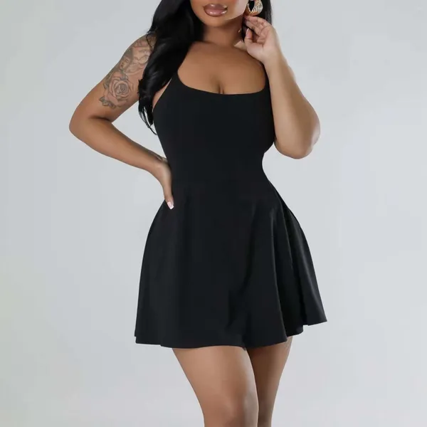 Lässige Kleider Riemchen Schwung Mini Kleid Frauen -Sommer Ärmel und eine Linie sexy niedrig geschnittene Rückenkurzklubparty Skater