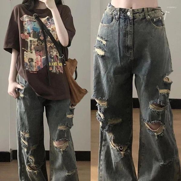 Frauen Jeans Hong Kong Style High Street China-Chic 2024 Summer Spicy Girls Mode lose Bein Taille Cassine Broken kaputt