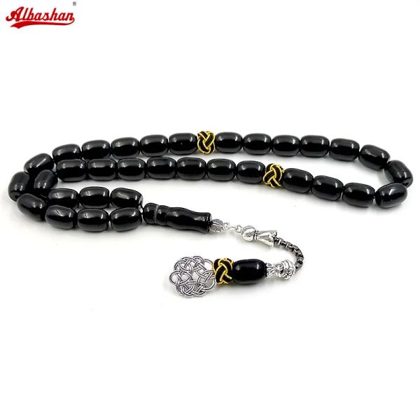 Kleidung Tasbih natürliches schwarzes Achat Steinfass Form Armband Handgemachtes Trabizon Misbaha Muslim Adha Geschenk Turkish Design Gebet Perlen