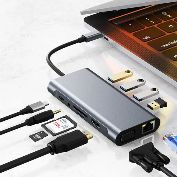 Hubs USB C Splitter Tipo C Tipo C para HDMI 4K Thunderbolt 3 Adaptador de laptop da estação de docking com PD SD TF RJ45 para MacBook Air M1 iPad Pro