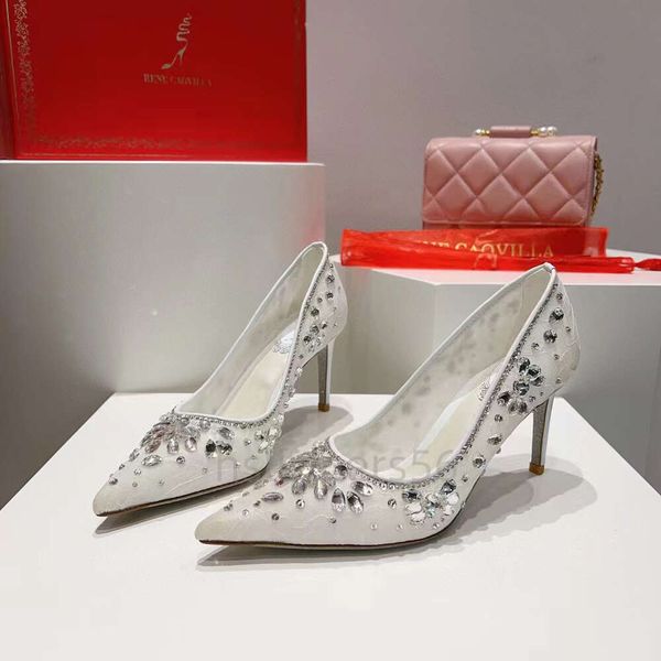 Rene Caovilla Sapatos formais lançamentos de produtos Luxury Designer Sapatos Mulheres vestidos de noiva da moda Sandálias decorativas pontiagudas de renda Sexy Mesh