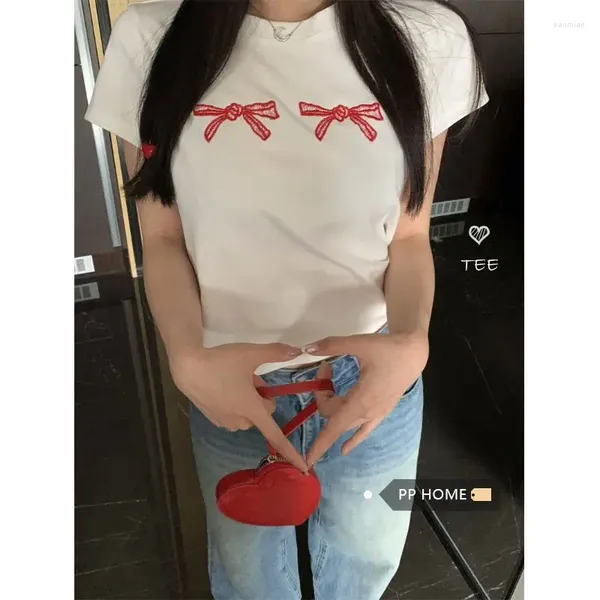 Frauen T-Shirts Kusahiki Chic Bow besticktes kurzärärmisches T-Shirt für den Sommer 2024 süßes würziges rundes Nacken Mädchen Y2K Top