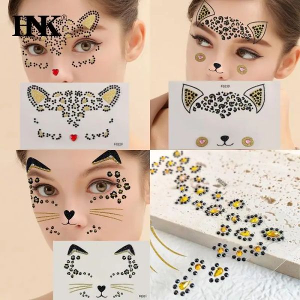 Tatuaggi 3D Cat Crystal Face corpo corporeo tatuaggio temporaneo Diamond Adesivo Adesivo per ombretto Adesivo Carnival Carnevale feste in maschera tatuaggio Fai da te fai da te