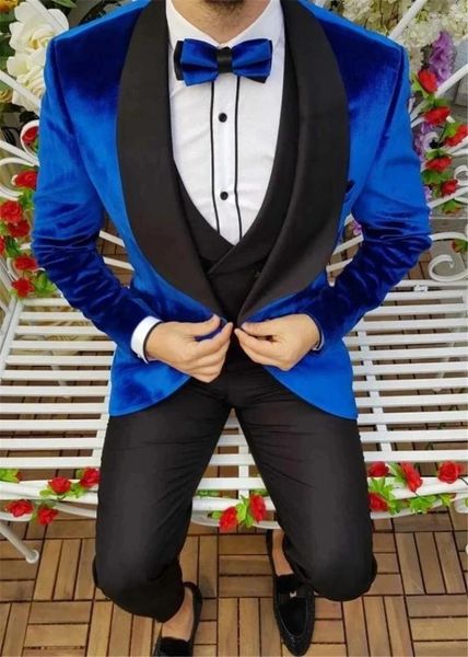 Abiti da uomo giacca blu blu pantalone nero velluto elegante uomo abito da sposo formale smoking balla slim blazer hombre set da 3 pezzi personalizzato di alta qualità