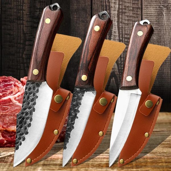 Aksesuarlar et kemik bıçağı mutfak kasap kemik el dövme keskin kesim kesici çelik bıçaklar için kılıflı balıkçılık barbekü