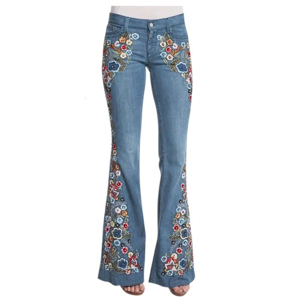 Taglia s4xl fiore elastico ricamato jeans jeans womens retrò pantalone a campana skinny autunno pantaloni da donna 240423