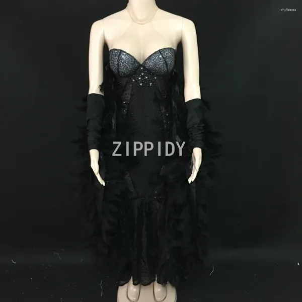 Lässige Kleider Mode blinken schwarze Strassstörungen Pailletten sehen durch Dress Nightclub Frauen Mesh Feather Sleeves Prom Geburtstag