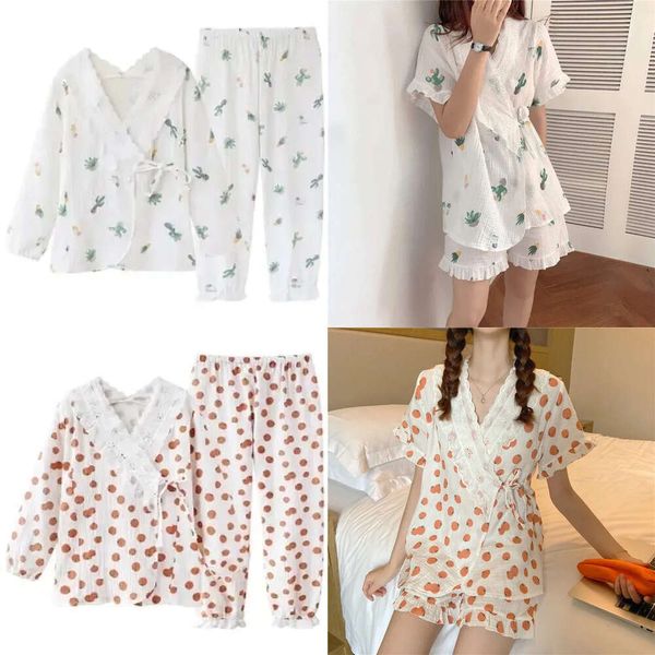 Pamas japoneses para mulheres de verão de algodão cortado de morango pijamas quimono pijamas