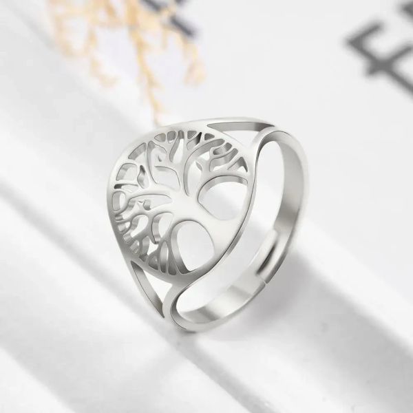 Bänder Eueavan 1pc Tree of Life Verstellbarer Ring Edelstahl Paar Fingerringe für Frauen Vintage Amulettschmuck Hochzeit Geschenk