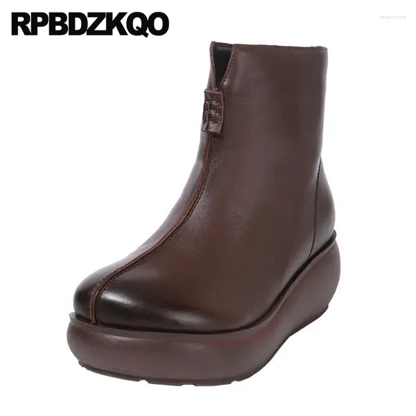 Botas lateral zip tornozelo de carneiro marrom marrom alto luxo de luxo de peles real elevador de outono plana feminina plataforma de muffin sapatos harajuku cunha