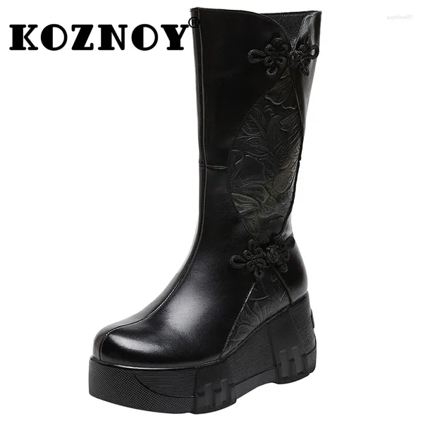 Botas Koznoy 7cm Couro genuíno Autumn Winter Fashion Zip Women Plush Chimney Booties Knee High Spring Platform Wedge Shoes