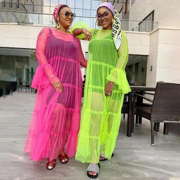 Lässige Kleider sexy Mesh Perspektive Kleid Frauen Tunika Strandkleidung Langes Maxi durch rosa und grüne Outfits sehen