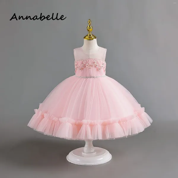 Mädchen Kleider Annabelle Blume Prinzessin Kleid Baby Zeremonie Geburtstag geschwollene Applikationen für Hochzeitsfeier Brautjungfer Bogen rosa