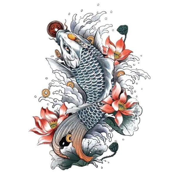 Tatuaggi koi carps tatuao adesivo tatuaggio finto per donna uomo rosso pesce rosso tatuaggio floreale arte finto tatuaggi tatuajes impermeabili