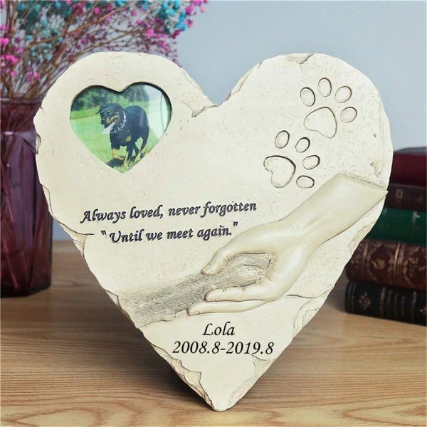 As lápides de lápides personalizadas New Pet Memorial Stone com moldura fotográfica Monumento a animais em forma de coração Jardim Ornamento de cães Cat suprimentos JSYS