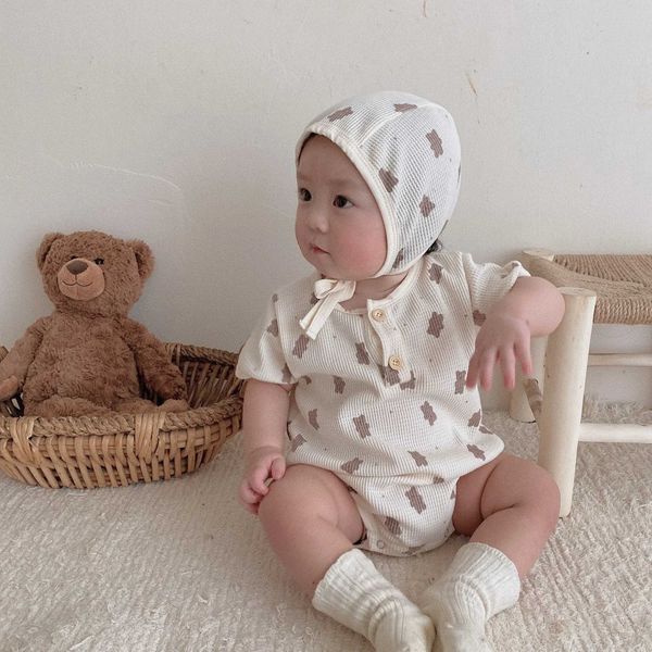 Rompers 2023 New Baby Summer Short Short Shory Body Cute Stamp Stamp Boy Cotton Waffle Gilledsuit Girl Girl Floral Onesie Nubiti per neonati H240423