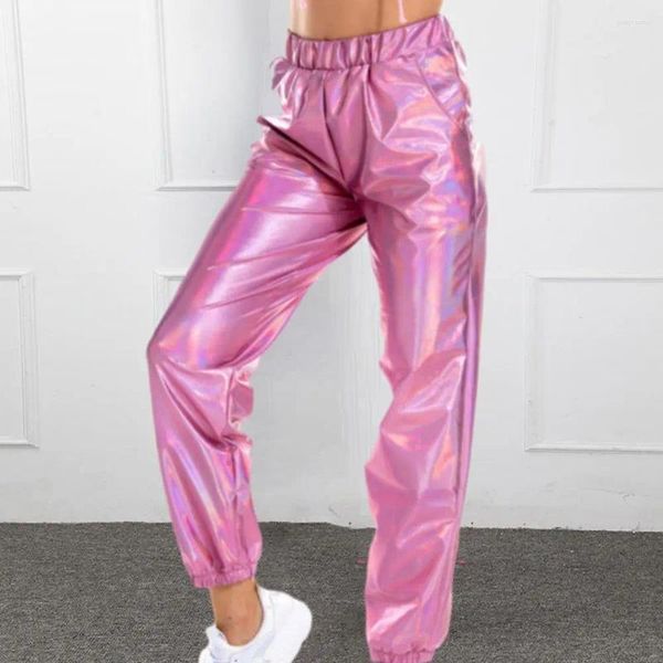 Женские штаны Женские брюки гарем блестящие лазерные высокие талии глянцевая эластичная хип -хоп Сцены