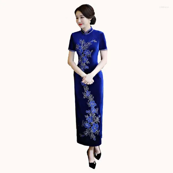 Платья для вечеринок синий бархатный винтажный принт цветочный цветок стройная длинная одежда в новинках