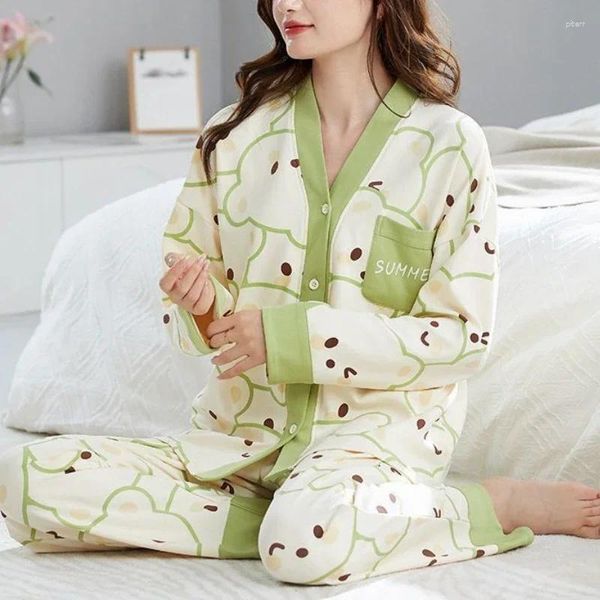 Женская одежда для сна весенняя осень кимоно пижамы, набор смешных PJS Cartoon Polka Dot