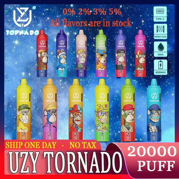 Европейский склад Uzy Tornado 20000 Puffs Vape20k одноразовые электронные сигареты 23 мл предварительно заполненной катушки для стручков 8500 мАч.