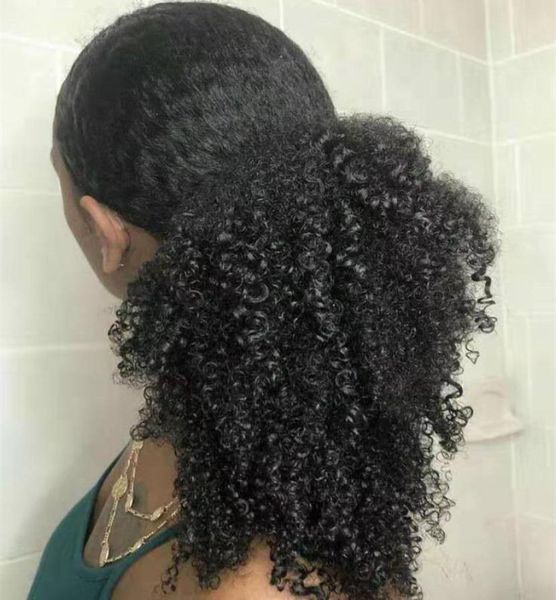 Penteados de rabo de cavalo fáceis clipe em capilar de cabelo humano rabo de cavalo 1b kinky curystring pônei cauda afro pufos virgem Pony Curly T4478699