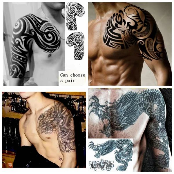 Tatuagens novo tatuagem impermeável adesivo masculino meio ombro dragão totem peitoral chama flor braço de flor arte falsa tatuagem preta grande tatuagem