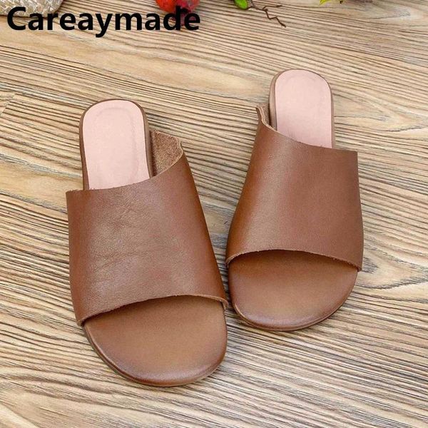 Slippers careaymade-verão-verão, de couro genuíno de fundo liso de fundo liso de face macia