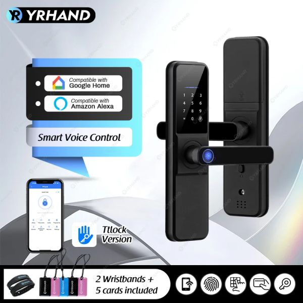 Controle Yrhand H01 Ttlock Lock de porta inteligente eletrônica com impressão digital biométrica com o Google Home Aleax para casa ou hotel