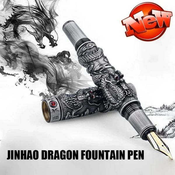 Penne Jinhao Metal Fountain Penna cinese Dragon Design Grey 18KGP M NIBS Vintage Penne pesanti Business Office Signature cancelleria