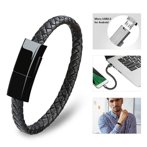 Strands Phone Coloque a pulseira de couro de cabo para homens Dados Cabra Cadeia Enviar presente para o marido Usb Carregamento pulseira de pulso