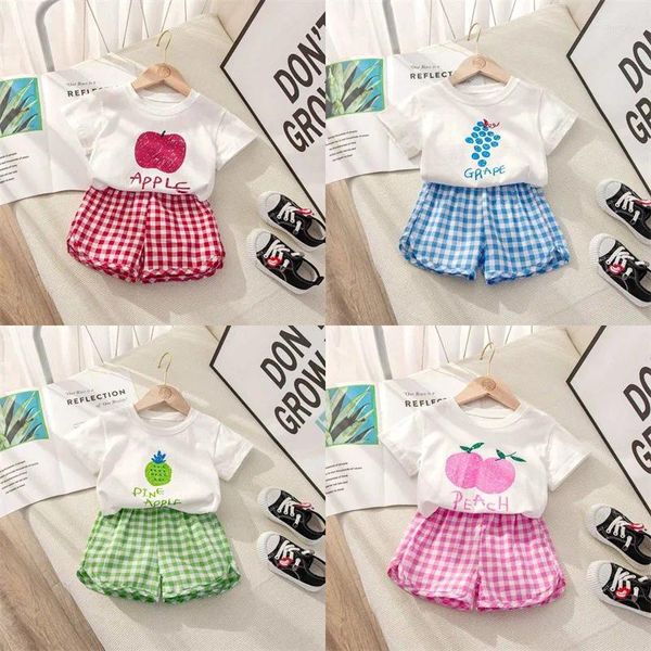 Roupas de roupas butique de moda roupas de bebê shorts xadrez de verão ternos de 9m-4y roupas de roupa de roupa de duas peças camiseta de garotas de duas peças