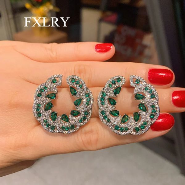 Brincos Fxlry lindo luxo verde cúbico zircônia branca ouro banhado Big Twist Roundos redondos para mulheres jóias de festa de casamento