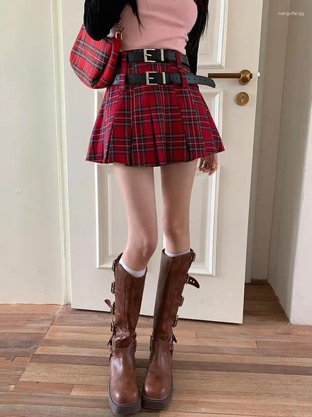 Röcke Vintage sexy Club rotes Plaid mit Gürtel Falten Minirock weibliche Sommer High Wailes College Wind Prom Kurzkoreanische Mode