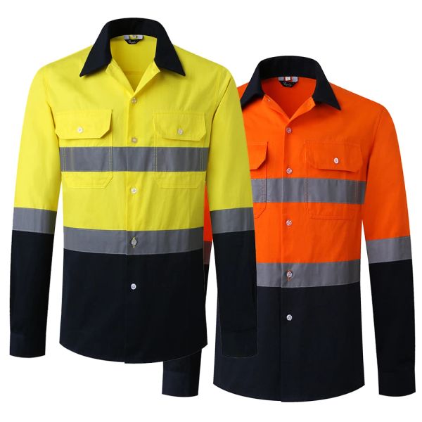 Magliette come/nzs Miner australiano Hi Vis Button Work Shirt for Uomo Reflecteve Giallo e Navy Two Tone Safety Cotton Shirt