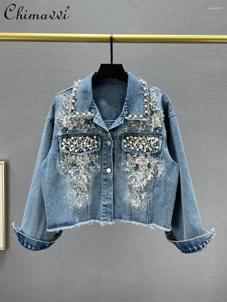 Kadın Ceket Boncuklar Rhinestones Denim Ceket Kadınlar 2024 İlkbahar ve Sonbahar Gevşek Zayıflama Avrupa İstasyonu Kısa Uzun Kollu Jean Coats