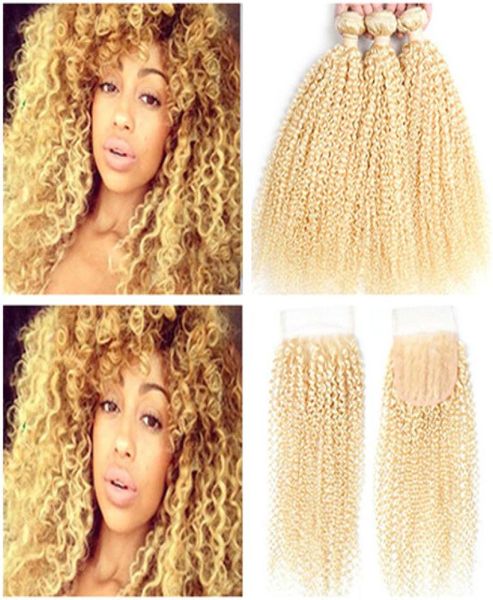 Brasilienblondes menschliches Haar Webbündel mit Verschluss versauter Kinky Curly 613 Bleichmittel Blonde Jungfrau Haar 3 Bündel Deals mit 4x4 Spitze Clo6500934